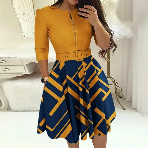 Fashion Women Patchwork A-line Dresses Autumn/Winter Round Neck