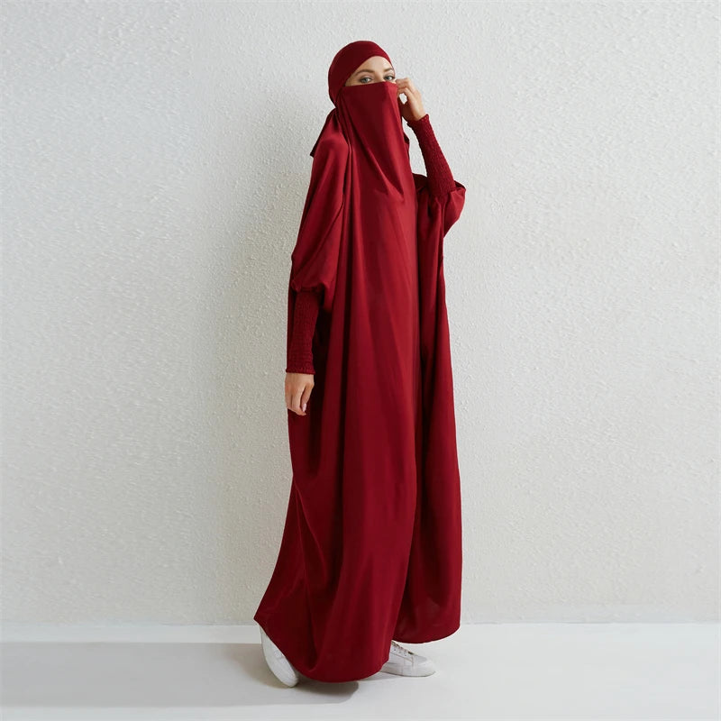 Muslim Abaya Hooded Smocking Sleeve One-piece Prayer Dress Women