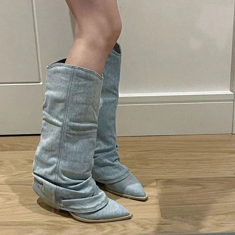 Women Pleats Blue Denim Thigh High Boots Autumn New Thick Heeled