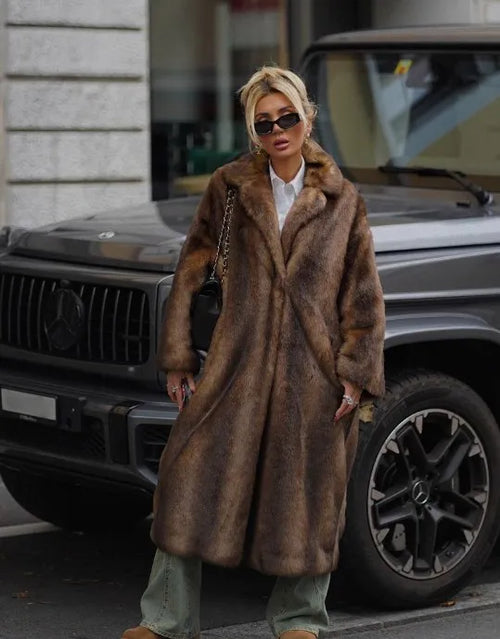 Women's Thick Brown Faux Fur Long Overcoat Fashion Fleece Warm Long