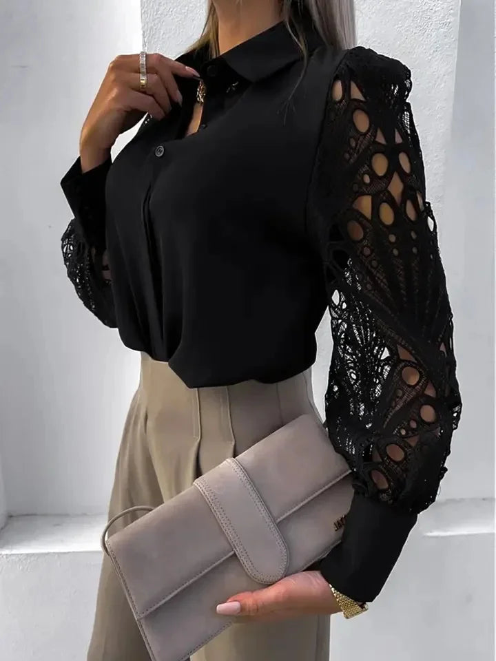 White Sexy Lace Hollow out Women Blouse Autumn Spring Black Top