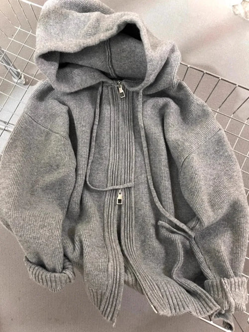 Gray Hooded Sweater Coat Women Spring Autumn Double Zipper Long Sleeve