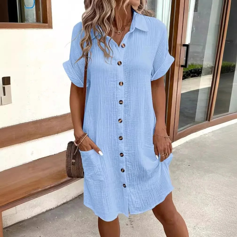 Women's Fashion Summer Minimalist V-neck Button Up Dress Woman Cotton