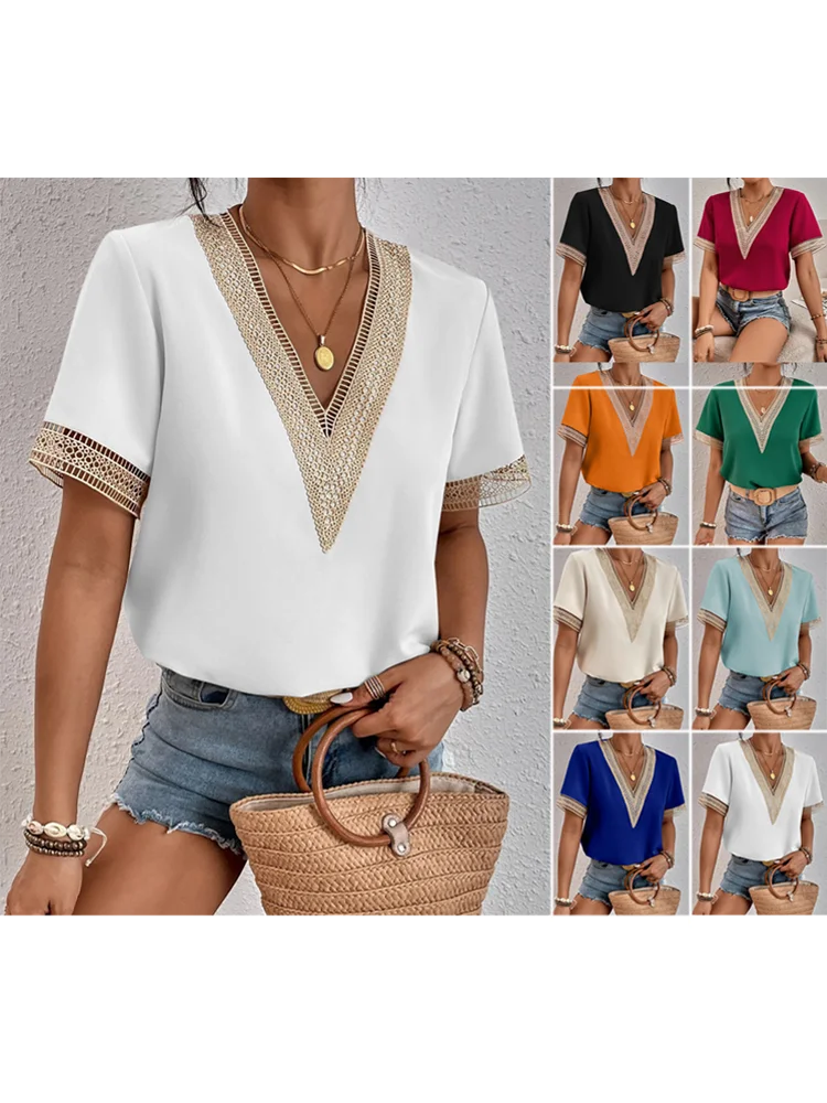 Lace V-neck short-sleeved T-shirt