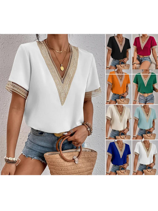 Lace V-neck short-sleeved T-shirt