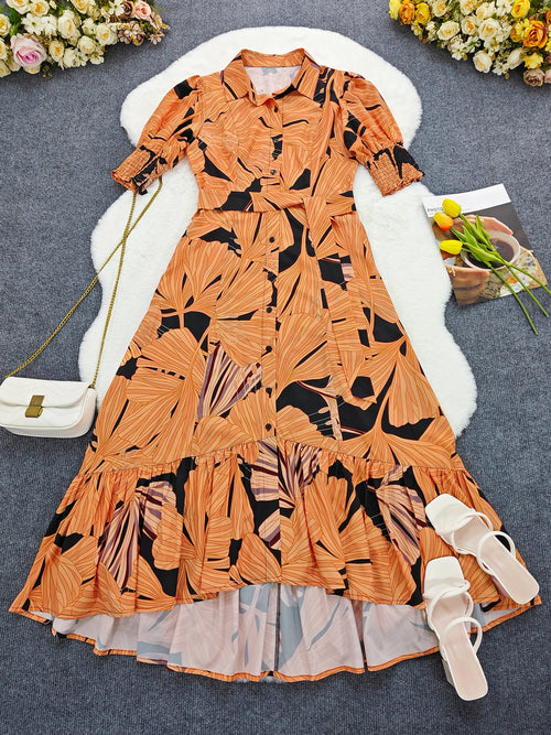 Women Floral Print Long Dress Summer Casual  Turn-down Collar Half