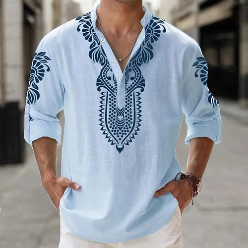 Autumn Henley Shirts Ethnic Style 3D Print Tops Blouse Men's Casual