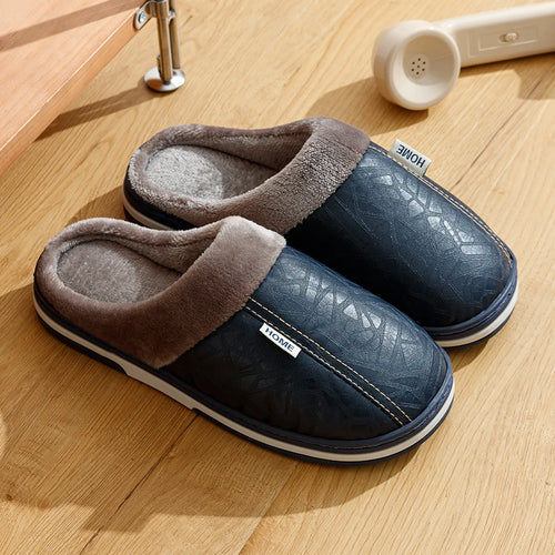 Men's slippers Winter Big Size Indoor Waterproof PU Leather Large