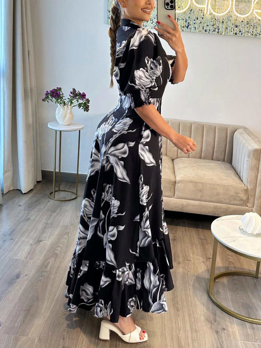 Women Floral Print Long Dress Summer Casual  Turn-down Collar Half