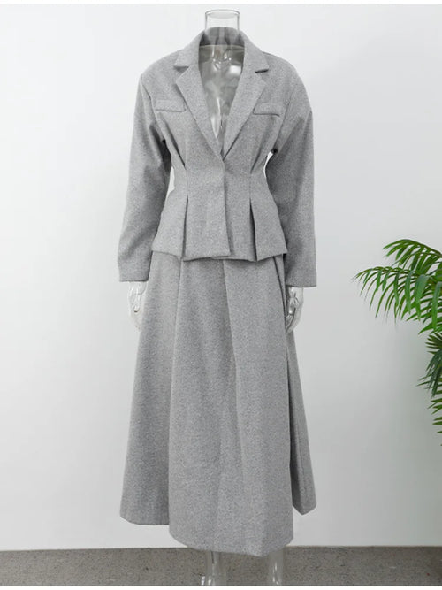 Women Fashion Solid Woolen Skirt Suits Elegant Stand Collar Full