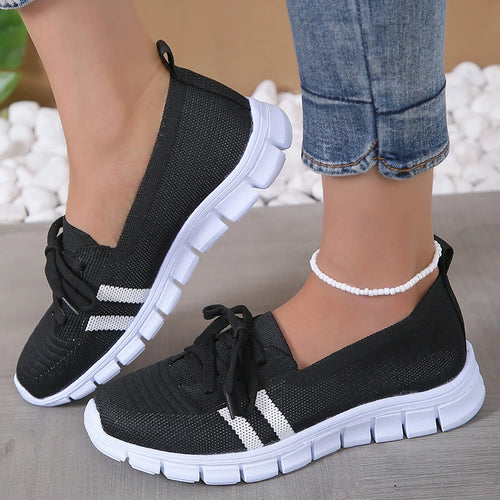 Breathable Knitted Striped Flats Shoes Women Casual Lace-Up Soft Sole