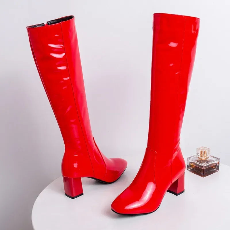 Autumn Winter Women‘s High Knee Boots Patent Leather Knee High Boots