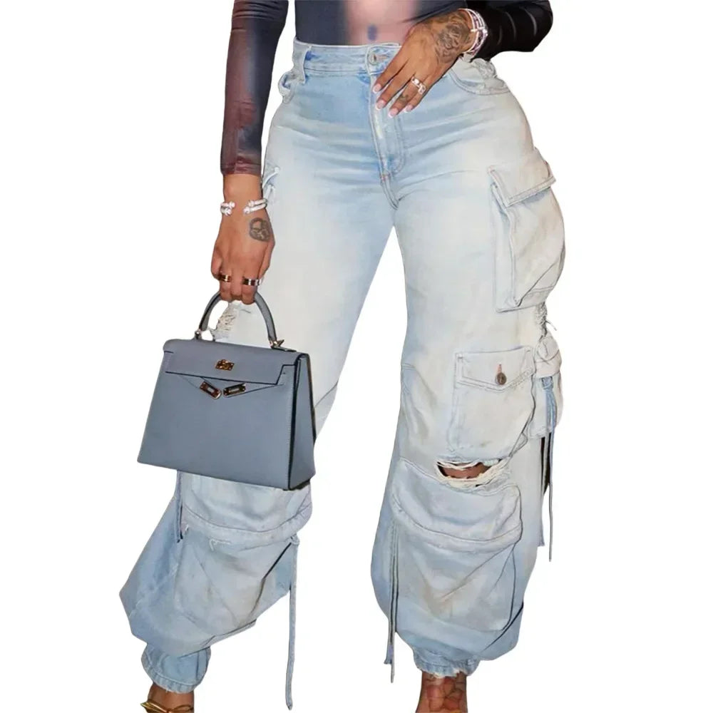 Denim Pocket Retro Loose Wide Leg Cargo Pants