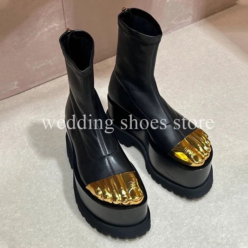 Women‘s Golden Five Toes Catwalk Boots Chunky Platform Ankle Boots