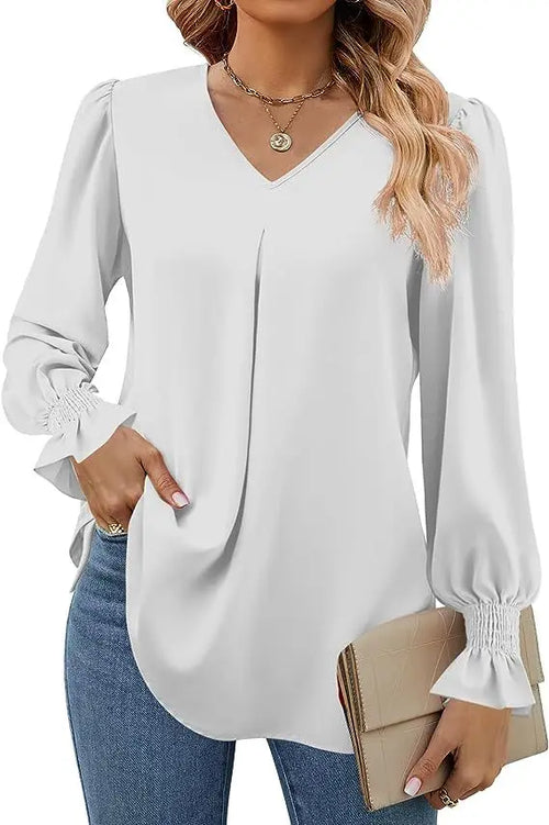 Women's New Solid Color Chiffon Shirt V-neck Pullover Flared Long