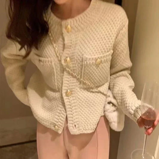 Knitted Cardigan French Vintage Gold Buttons Sweater Women Autumn