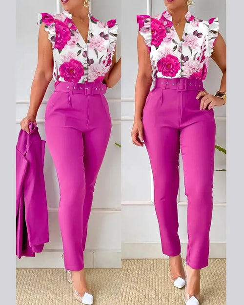 Summer Women's Flower Print Lotus Leaf Sleeve High Waist Pants Set