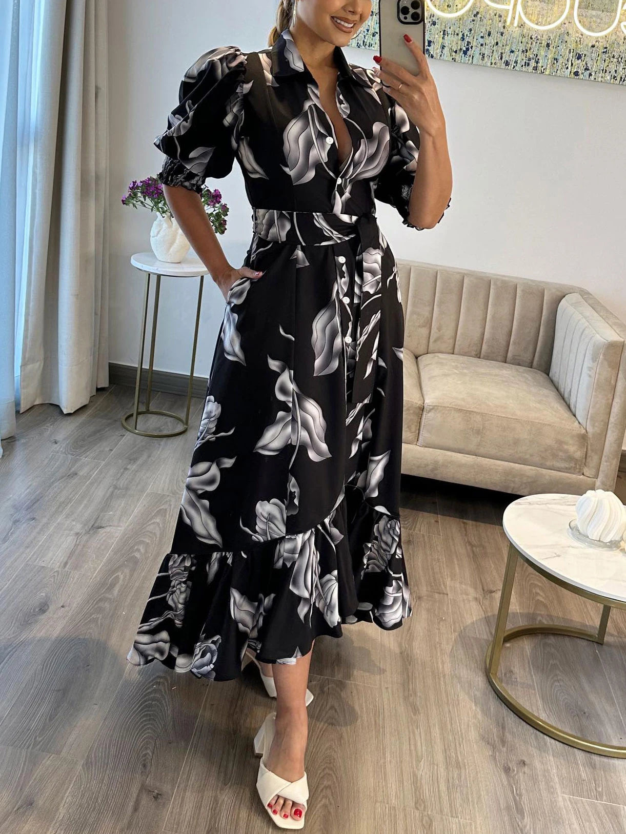 Women Floral Print Long Dress Summer Casual  Turn-down Collar Half