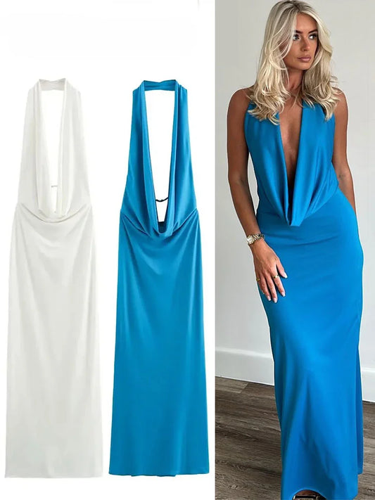 Solid Backless Halter Neck Slim Long Dress