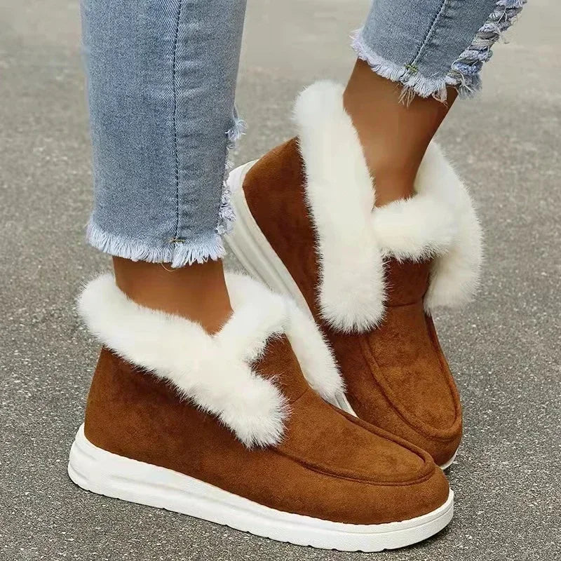 New Ladies Slip on Comfortable Ankle Boots Women Winter Warm Plush Fur