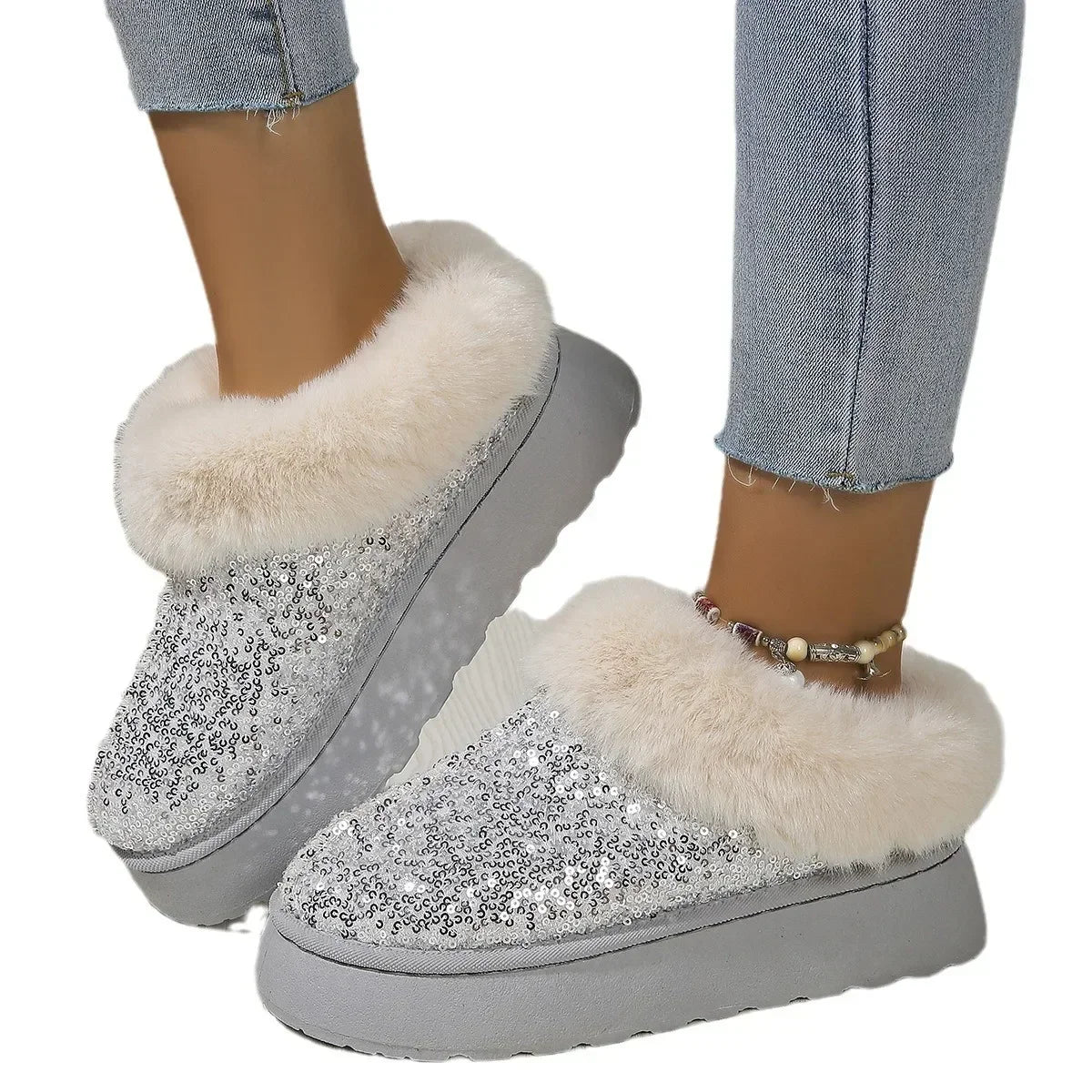 Ankle Snow Boots Women  New Fashion Shiny Fur Short Plush