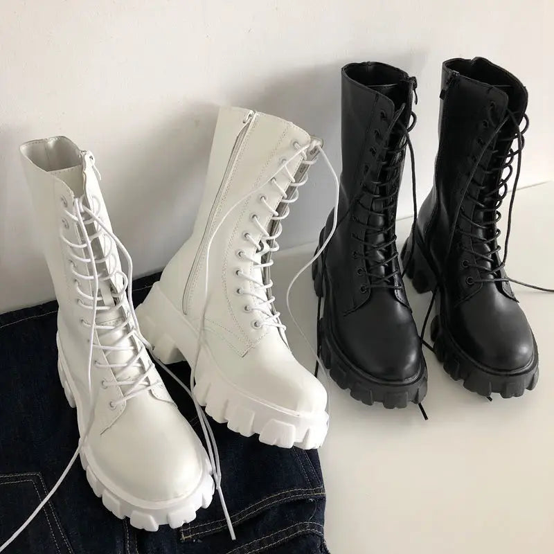 New Mid Calf Boots Women Autumn Winter Fashion Lace-up Ladies Chelsea