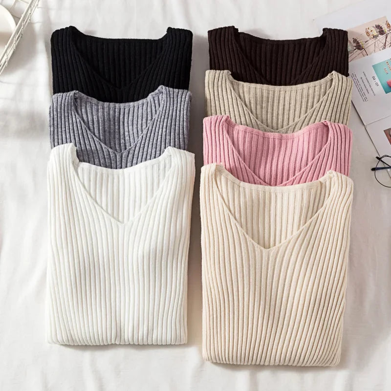 Autumn Winter Women Sweaters Casual Long Sleeve Knitted V Neck