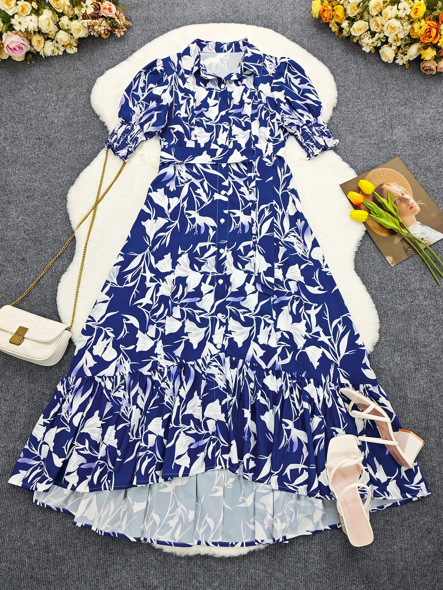 Women Floral Print Long Dress Summer Casual  Turn-down Collar Half