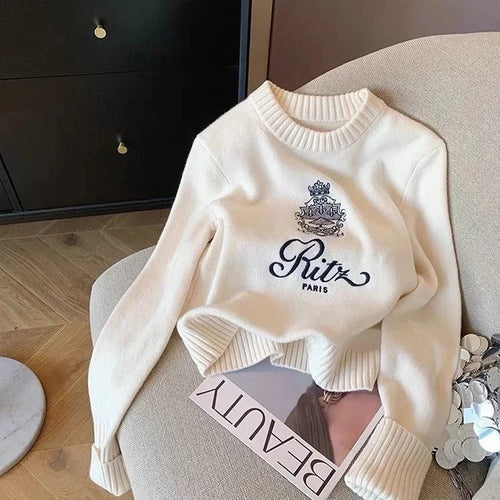 Letters Embroidery Pullover Sweater Spring Autumn Women Round