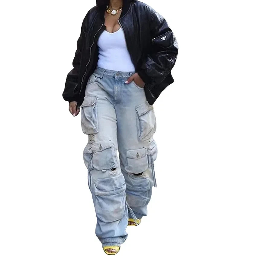 Denim Pocket Retro Loose Wide Leg Cargo Pants