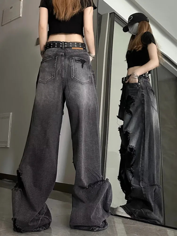 Niche Design Jeans, High Street Heavy Industry Wide Leg Pants,