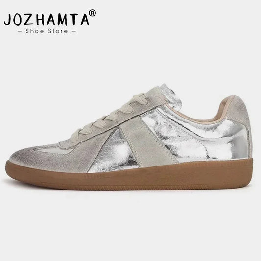 JOZHAMTA Size 35-40 Real Leather Women Casual Sneakers Silver Lace-Up