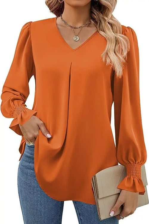 Women's New Solid Color Chiffon Shirt V-neck Pullover Flared Long