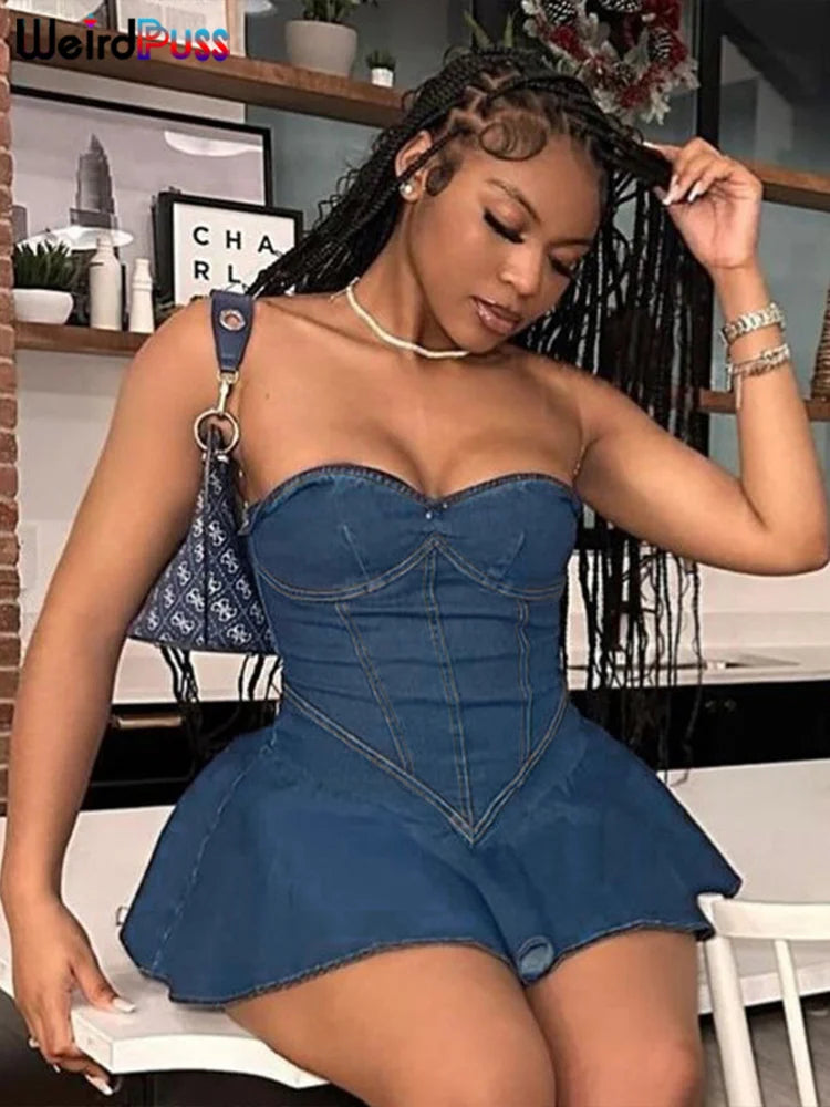 Weird Puss Fake Denim Strapless Sexy Dress Women Summer Trend Skinny