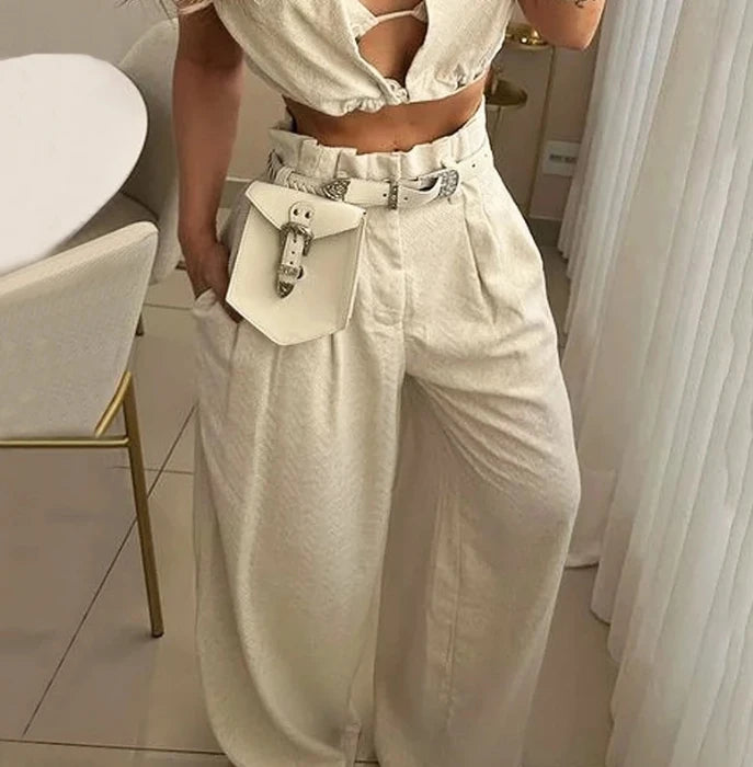 Women Two Piece Pants Set Solid Lapel V Neck Sleeveless Crop Top