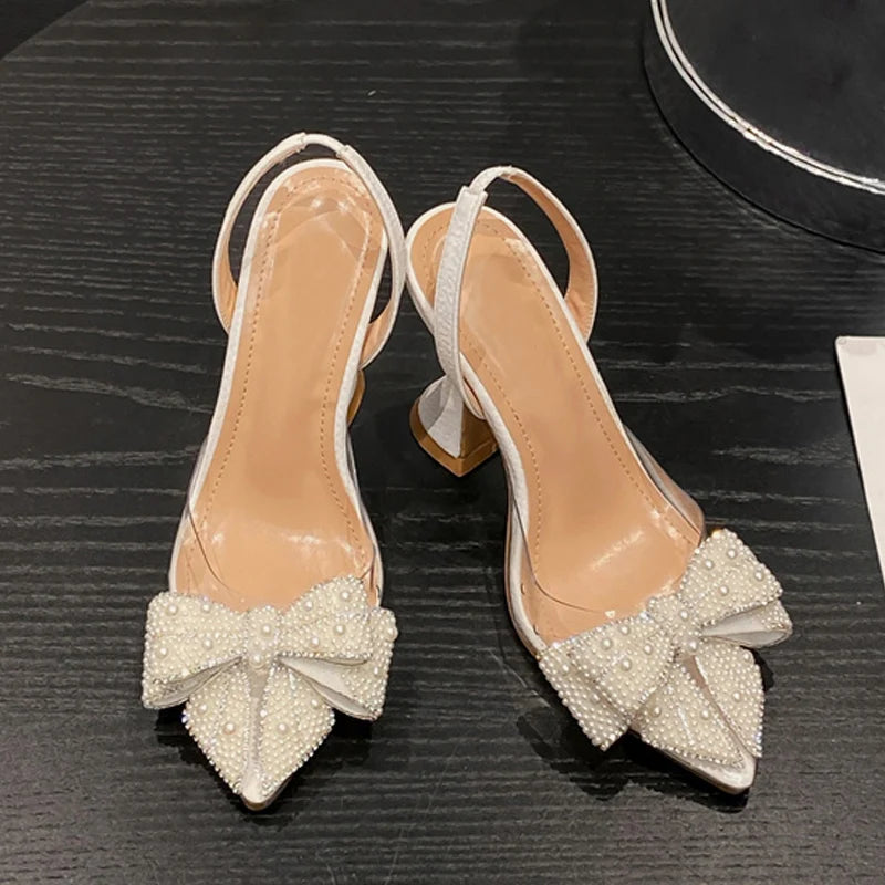 Liyke Fashion Design White Pearl Bowknot Women Pumps Sexy Pointed Toe