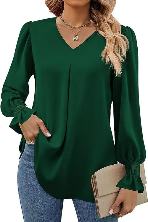 Women's New Solid Color Chiffon Shirt V-neck Pullover Flared Long