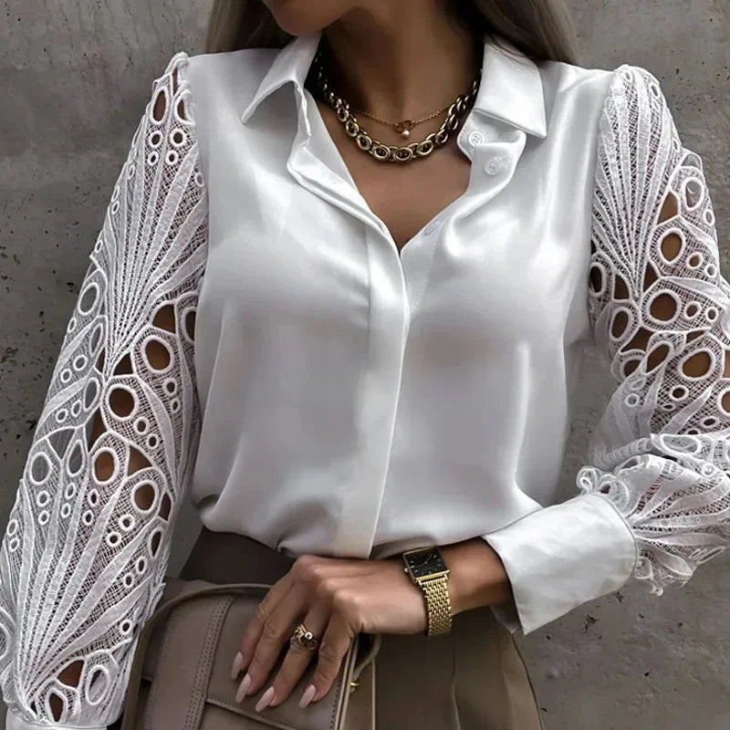 White Sexy Lace Hollow out Women Blouse Autumn Spring Black Top