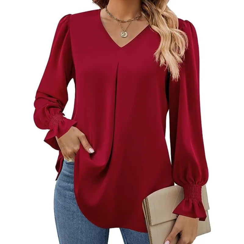 Women's New Solid Color Chiffon Shirt V-neck Pullover Flared Long