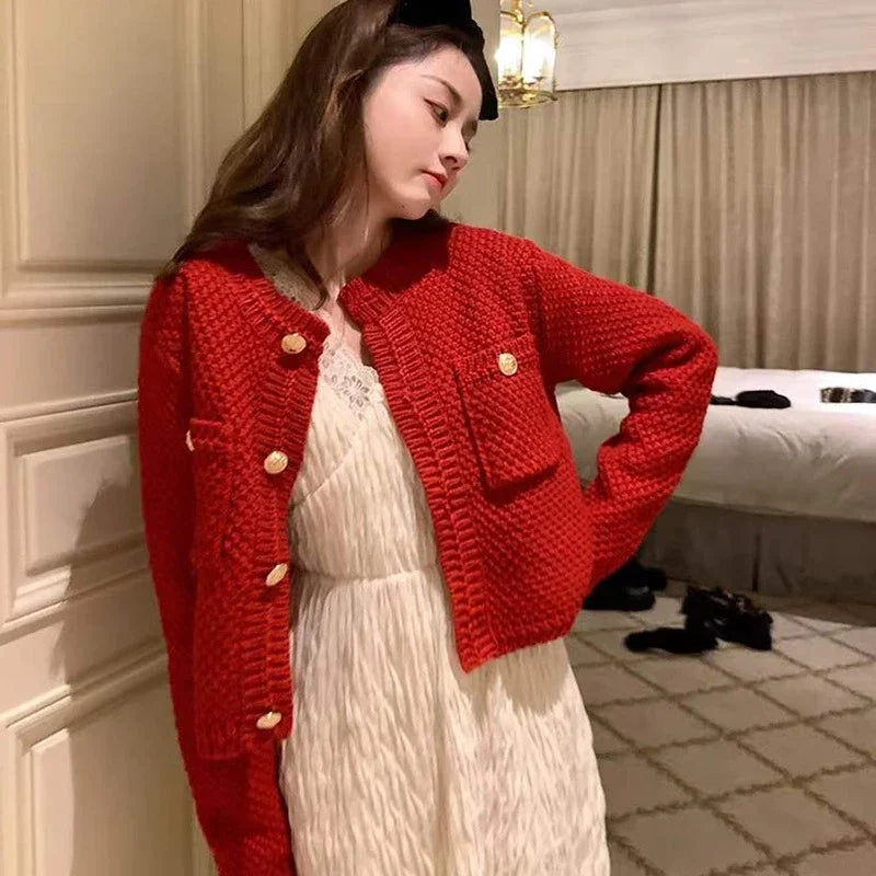 Knitted Cardigan French Vintage Gold Buttons Sweater Women Autumn