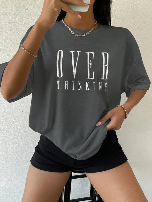 Over Thinking Letter Print Women Cotton Short Sleeve Breathable