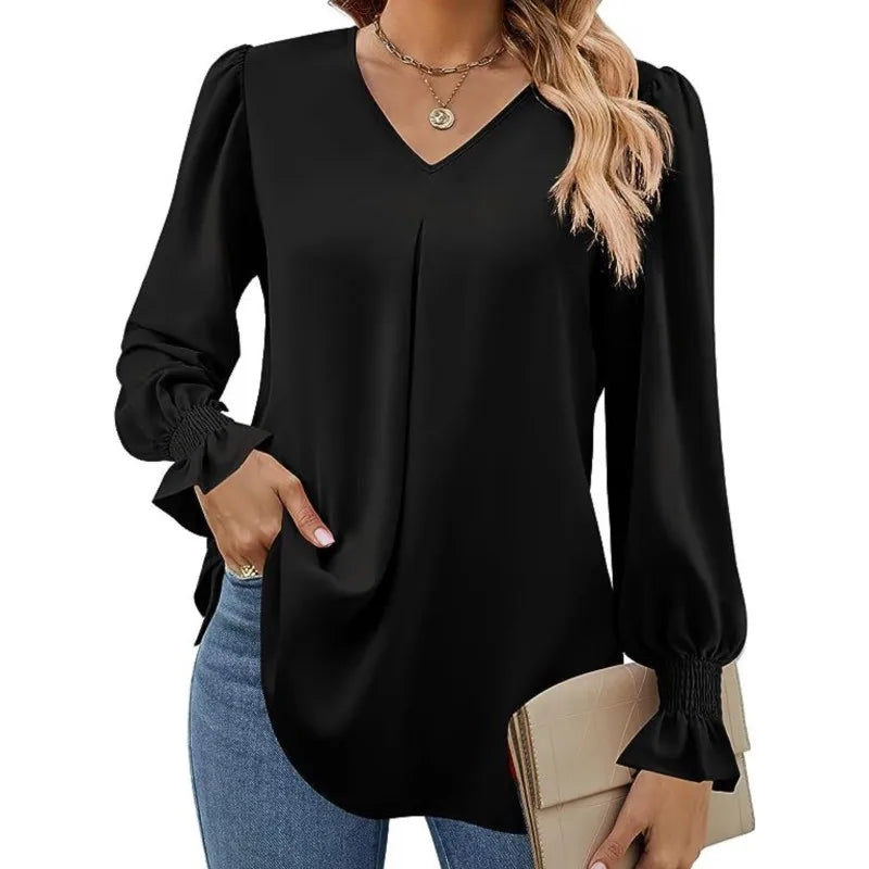 Women's New Solid Color Chiffon Shirt V-neck Pullover Flared Long