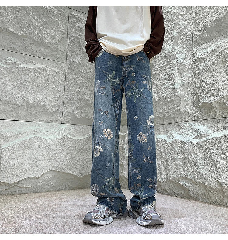 Men's Floral Denim Mopping Korean Style Pant