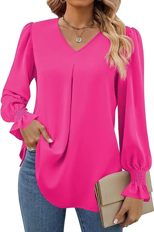 Women's New Solid Color Chiffon Shirt V-neck Pullover Flared Long