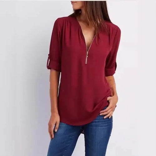 Hot Sale Women Cool Loose Shirt Deep V Neck Chiffon Fashion