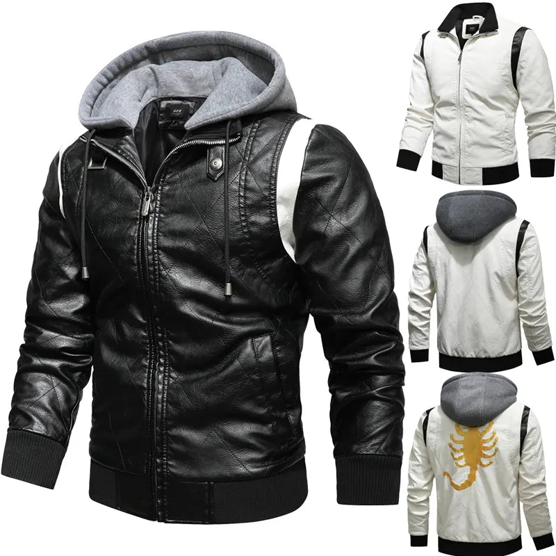 Autumn Winter Bomber Leather Jacket Men Scorpion Embroidery Hooded