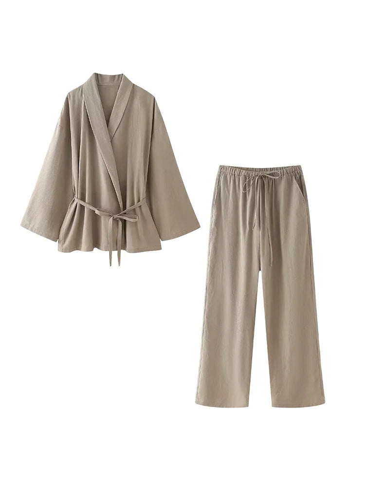 Pants Suit Solid Khaki Drawstring Long