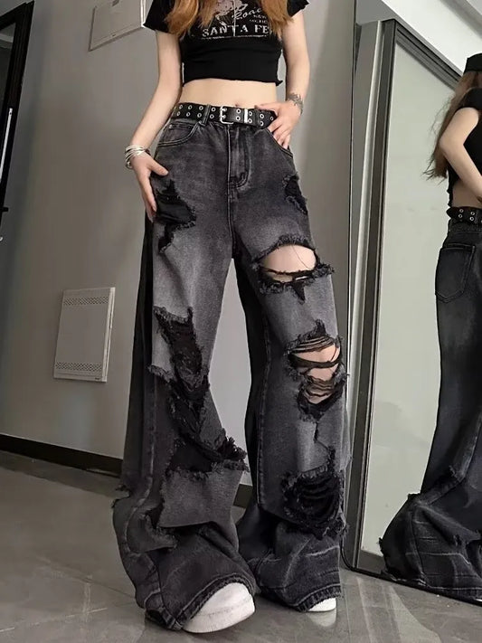 Niche Design Jeans, High Street Heavy Industry Wide Leg Pants,