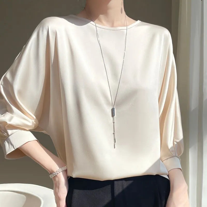 Satin Silk Half-Sleeve Tee Tops