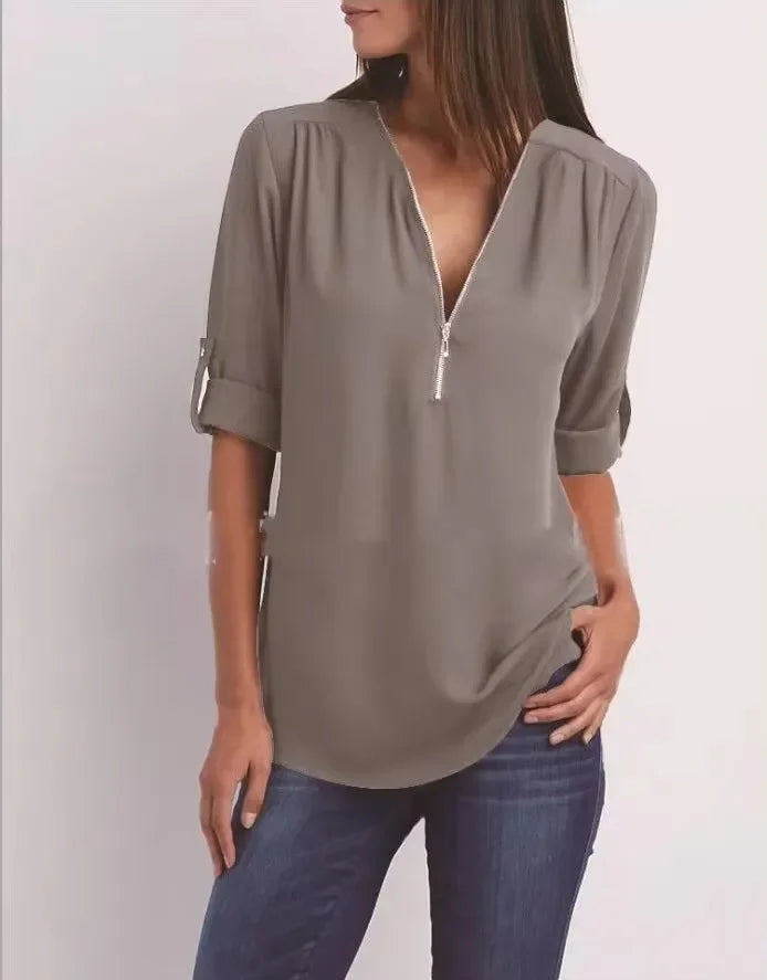 Hot Sale Women Cool Loose Shirt Deep V Neck Chiffon Fashion